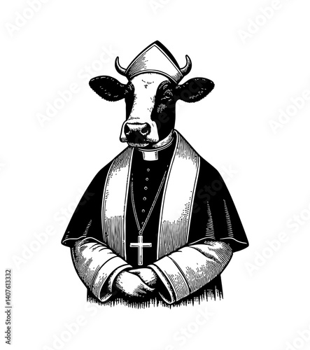 Cow as a cleric holding holy symbol wearing robes looking up with holy light illustration