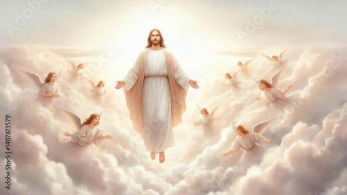 Divine ascension of jesus surrounded by angels heavenly realm digital art celestial scene