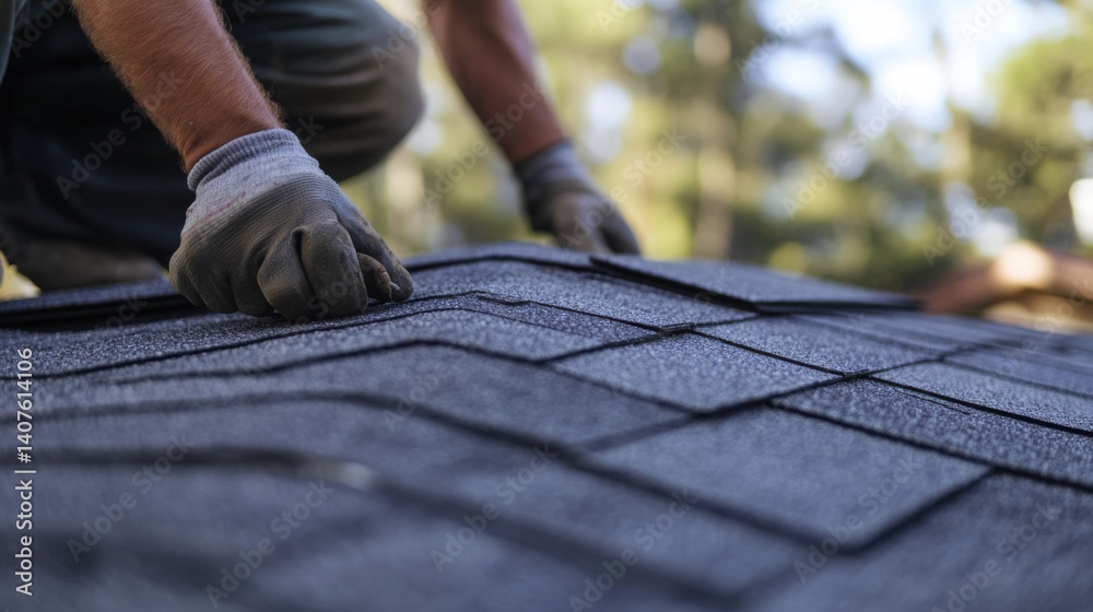 Roofer applying shingles on a residential roof. Featuring skill and precision Roofer applying shingles on a residential roof. Featuring skill and precision