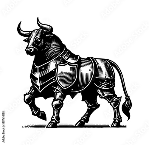 Cow or Bull Wearing Knight Armor, Standing Confidently, Fantasy Illustration