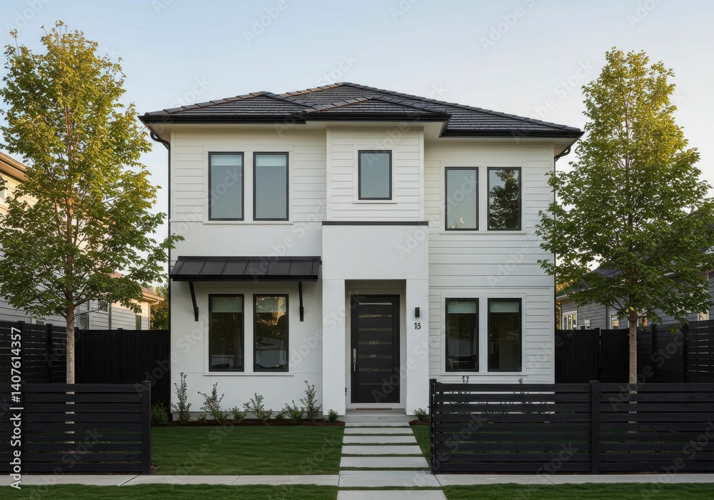 Obraz premium A modern two story house with white siding black trim and a dark fence on a sunny day in the suburbs