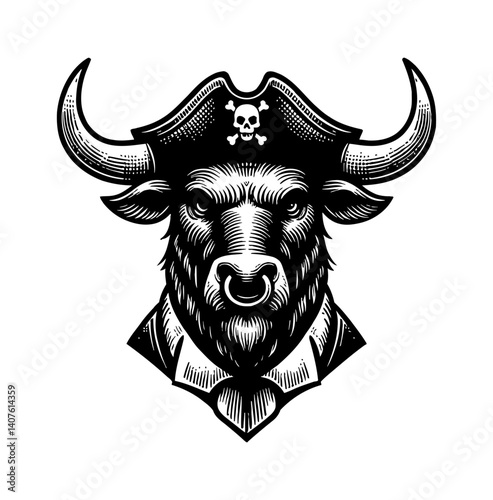 Cow or bull wearing a pirate hat, eye patch with happy expression illustration