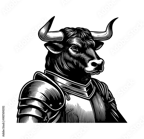 Cow or Bull as a Knight ready for battle, Brave, Strong, with a Armor and helmet. Illustration