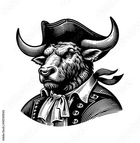 Cow or bull as a pirate with hat and eye patch illustration artwork