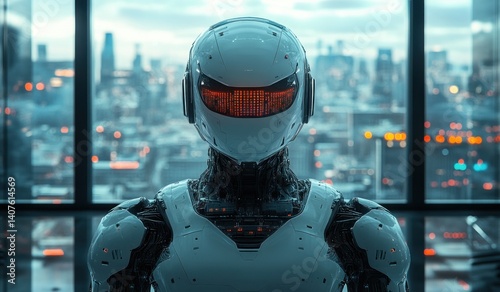 Wallpaper Mural Futuristic Meeting Room with White Robot and City View in Cyberpunk Style Torontodigital.ca