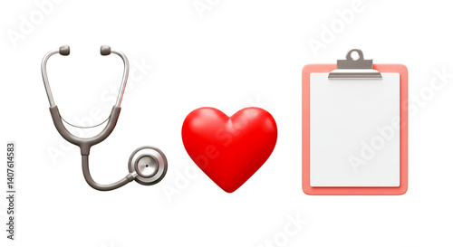 A stethoscope, a red heart and a clipboard with a white paper on a black background in a studio shot