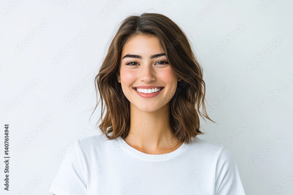 Smiling woman with short brown hair wearing a white t-shirt against white background. Smiling woman with short brown hair wearing a white t-shirt against white background.