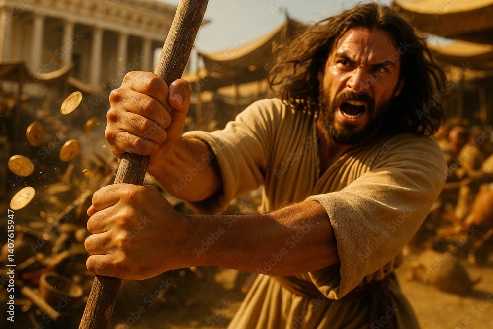 Obraz premium Jesus destroys the marketplace inside the temple in biblical protest. The Cleansing of the Temple