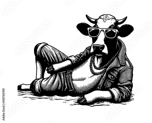 Cartoon Cow Chilling on Beach Wearing Trendy Clothes, Relaxing Vacation Mood Illustration