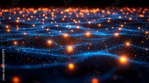 Vibrant digital ocean of blue waves and bright orange dots forming a technology background : Generative AI