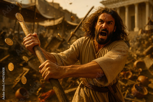 Jesus in holy anger confronts corruption in the sacred temple courtyard. The Cleansing of the Temple