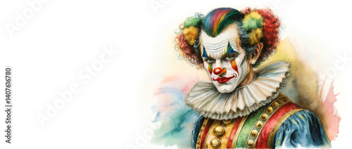 Illustration of a sad male clown in watercolor style with painted face in colorful clothes and hair looking at camera on white. Concept of sad man trying to disguise her feelings. Generative Ai.