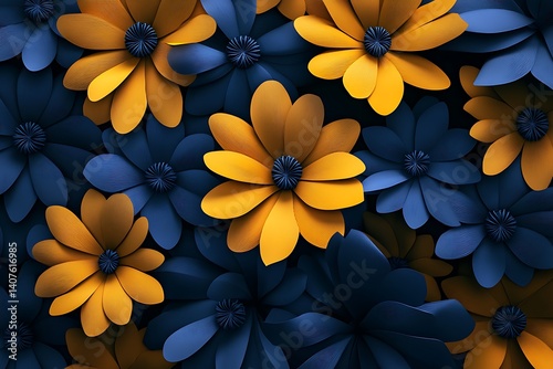 Abstract Yellow and Navy Blue Floral Pattern Daisy Flowers, Floral Closeup, Elegant