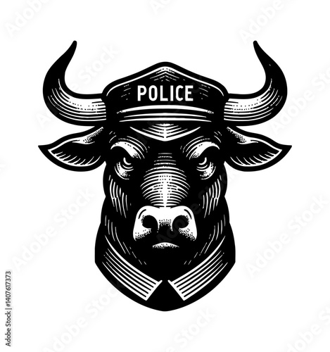 Cow or Bull Head Wearing a Police Hat as a Policeman with Serious Mood Illustration
