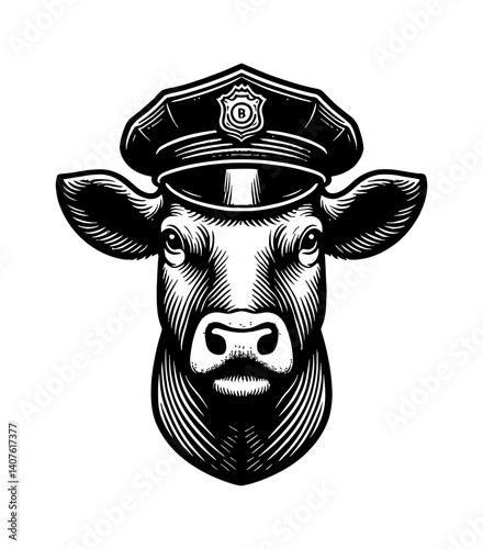 Cow head wearing a police hat, standing, enforcing the law with firm expression cartoonish