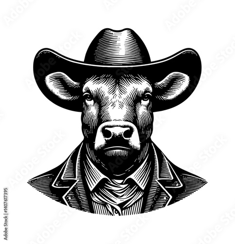 Cartoon cow head in a cowboy hat, wearing outfit and smiling with a happy expression.
