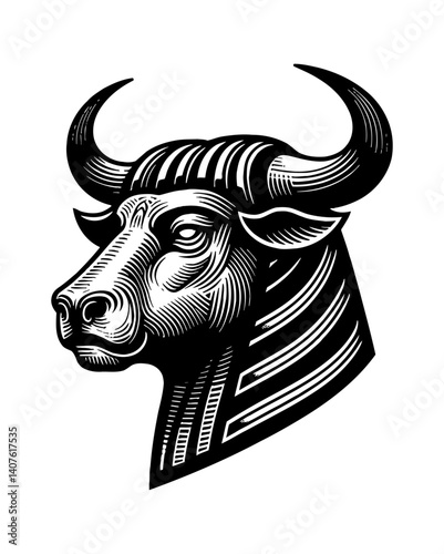 Cow or Bull Head Wearing Egyptian Pharaoh Headdress Artwork Illustration