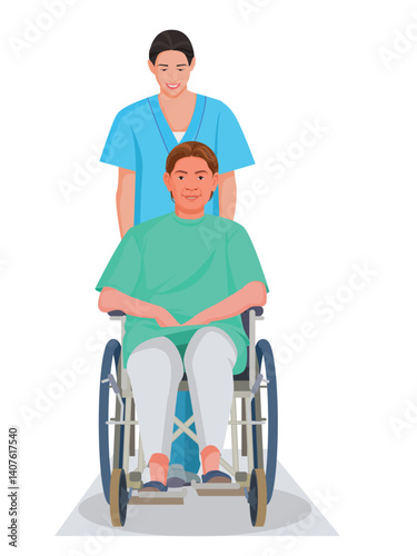 Nurse pushing patient in wheelchair,  senior woman in wheelchair, medical illustration