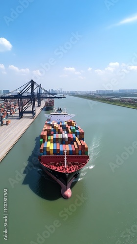 Aerial view of container cargo ship navigating through shipping lane, global logistics theme