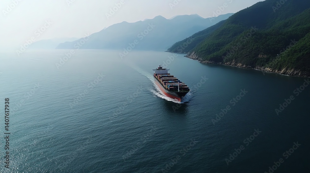 Obraz premium Cargo ship carrying containers near coastline, logistics and transport background