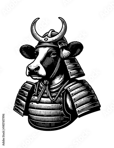 Cow or Bull Head Wearing Samurai Armor with Intricate Details and Strong Cultural Symbolism