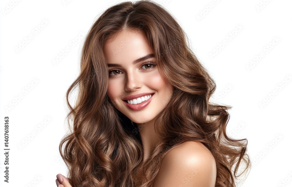 Smiling woman with long wavy brown hair against a white background. Smiling woman with long wavy brown hair against a white background.
