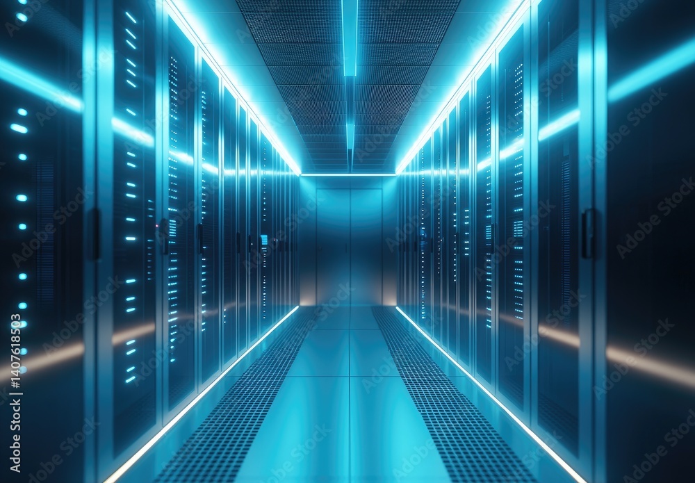Sleek server room with glowing cyan lights and high-tech symmetry. Ideal for cloud computing, data infrastructure, cybersecurity, and futuristic IT applications Sleek server room with glowing cyan lights and high-tech symmetry. Ideal for cloud computing, data infrastructure, cybersecurity, and futuristic IT applications