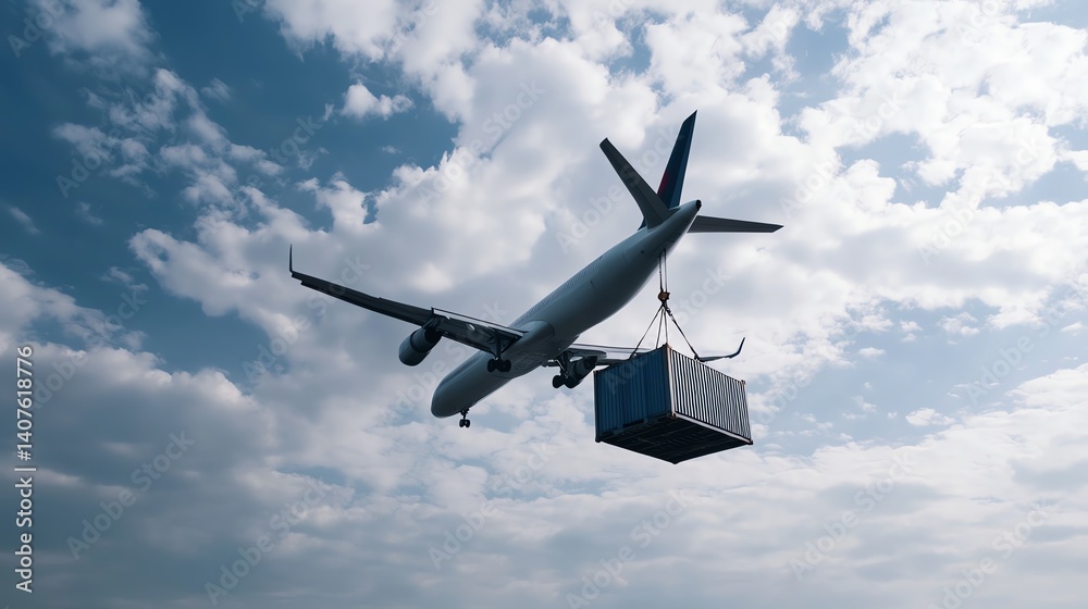 Fototapeta premium Heavy cargo airlift scene with containers being winched into jet under cloudy sky