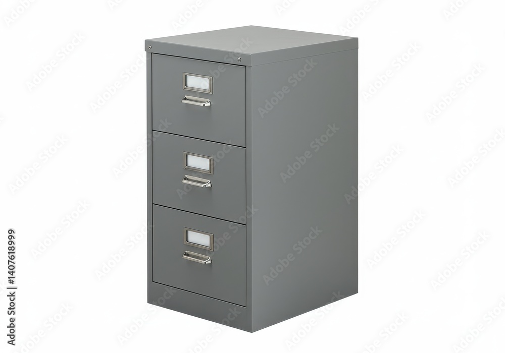 A gray metal filing cabinet with three drawers isolated on a white background in a studio shot A gray metal filing cabinet with three drawers isolated on a white background in a studio shot