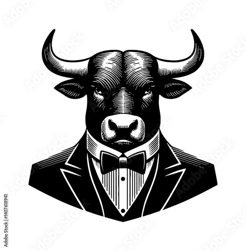 Cow or bull in tuxedo smiling and posing, wear business suit, funny animal and happy expression