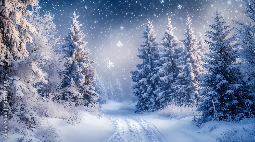 Snowy winter forest road with pine trees and falling snowflakes at dusk
Snowy winter forest road with pine trees and falling snowflakes at dusk