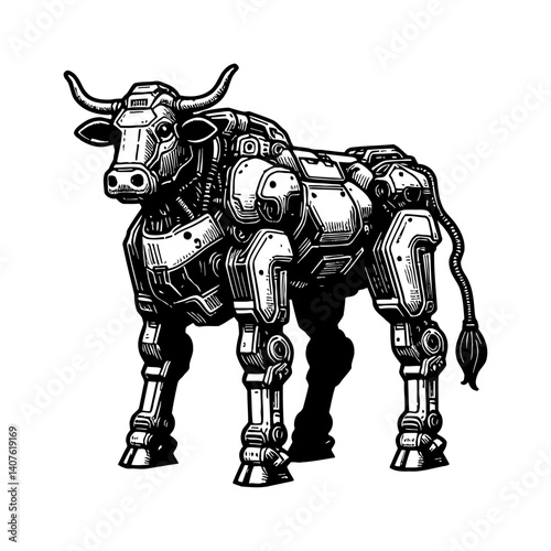 Futuristic Cow Bull Mecha Robot Standing Strong Ready for Battle in Digital Art