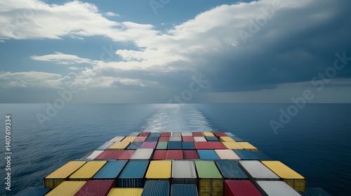 Realistic maritime shipping with cargo ship full of colorful containers on cloudy sea