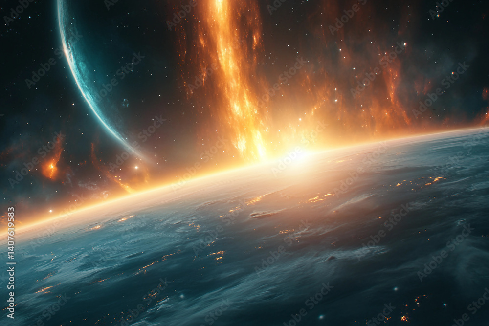 Obraz premium Apocalyptic alien planet landscape with a massive eclipse and glowing celestial rings in a surreal sky, generative AI