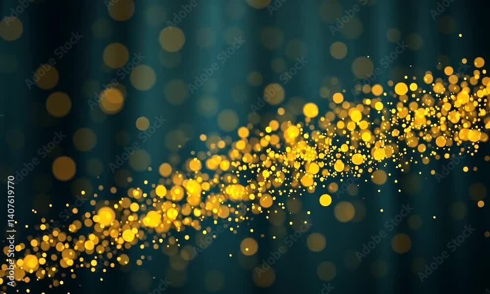 Golden bokeh on a dark blue abstract background with soft glowing light effect