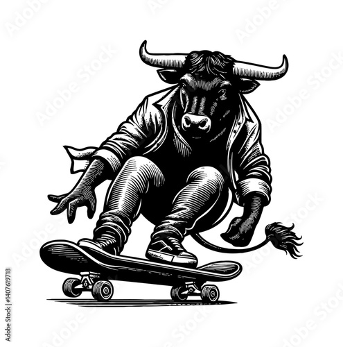 Cool cow on a skateboard, doing a freestyle trick with nice outfit, cartoon