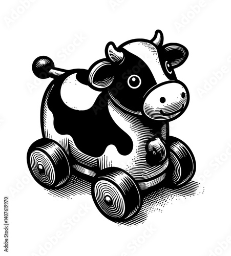 Vintage Retro Toys, a Cute Bull and Cow Standing. Nostalgic Farm Animal Toys.
