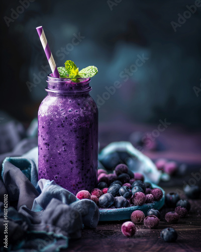 Purple smoothie with blueberries and mint on dark background.