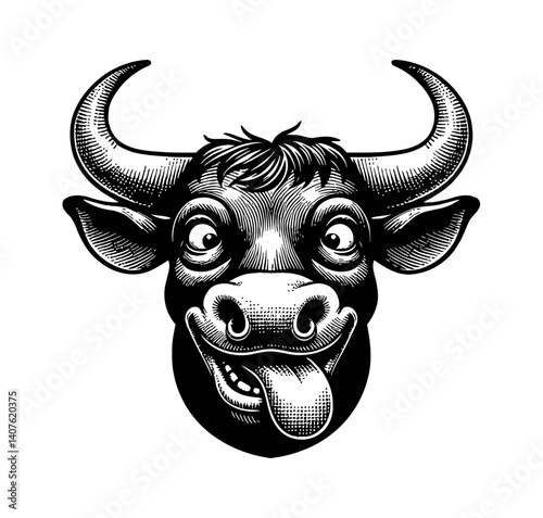 Funny Cow or Bull with Silly Face Looking at Camera, Isolated Against White