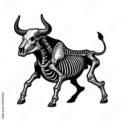 Detailed Cow or Bull Skeleton Illustration in White Background Close Up View