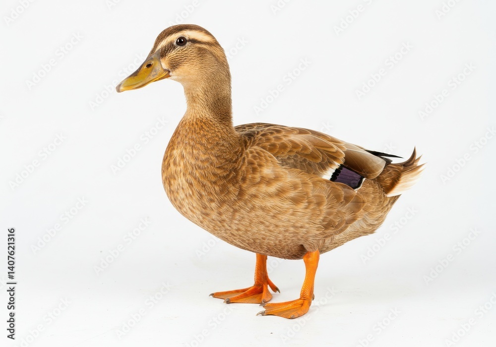 A brown duck standing on a white background in a studio with its head turned to the left A brown duck standing on a white background in a studio with its head turned to the left