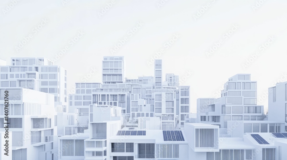 White cityscape, modern architecture, solar panels. White cityscape, modern architecture, solar panels.