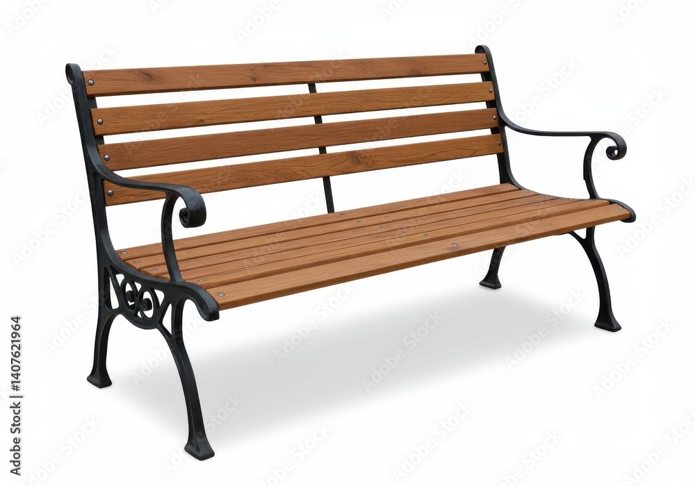 A park bench with wooden slats and black metal frame isolated on a white background in a studio shot A park bench with wooden slats and black metal frame isolated on a white background in a studio shot