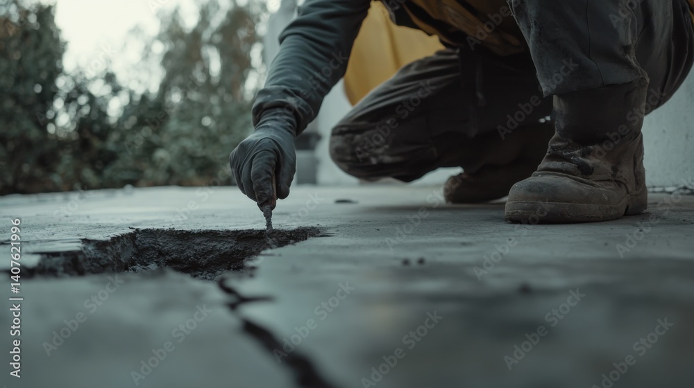 Construction worker sealing a foundation crack with epoxy. Featuring detail and care Construction worker sealing a foundation crack with epoxy. Featuring detail and care
