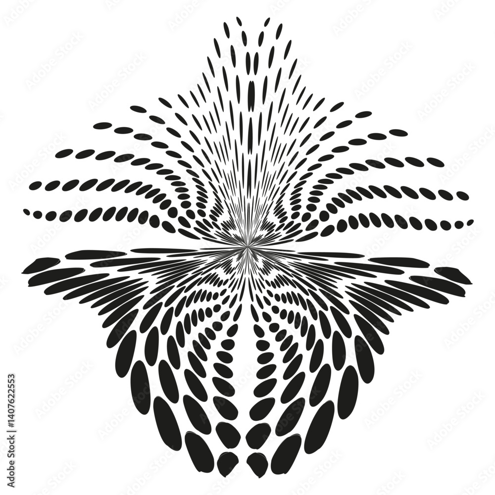 Radial shape burst. Dot pattern structure. Abstract ellipse explosion. Vector halftone form.
