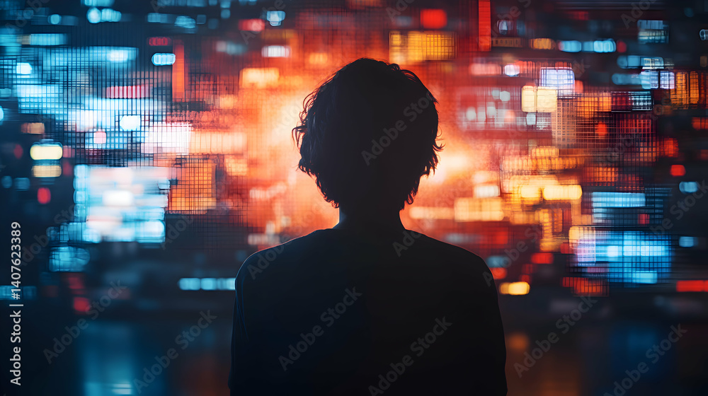 Person analyzing stock performance using digital charts, graphs, and market statistics, with copy space