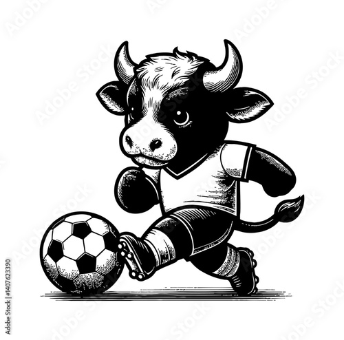 Cute Cow Kicking Ball Wearing Football Jersey with Happy Expression in Cartoon Illustration