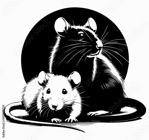 Silhouettes of a black and white rat on a white isolated background. EPS vector graphics.