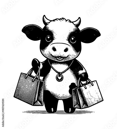 Adorable Cow with Shopping Bags, Cheerful Tiny Animal Character for Retail Theme Illustration