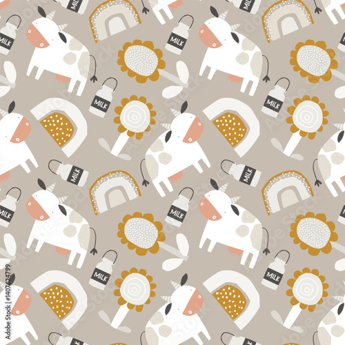 Vector seamless pattern with cute cows, flowers, rainbows and milk on beige background. Farmer's print. Agriculture. Ranch. Creative kids texture for fabric, wrapping, textile, wallpaper.